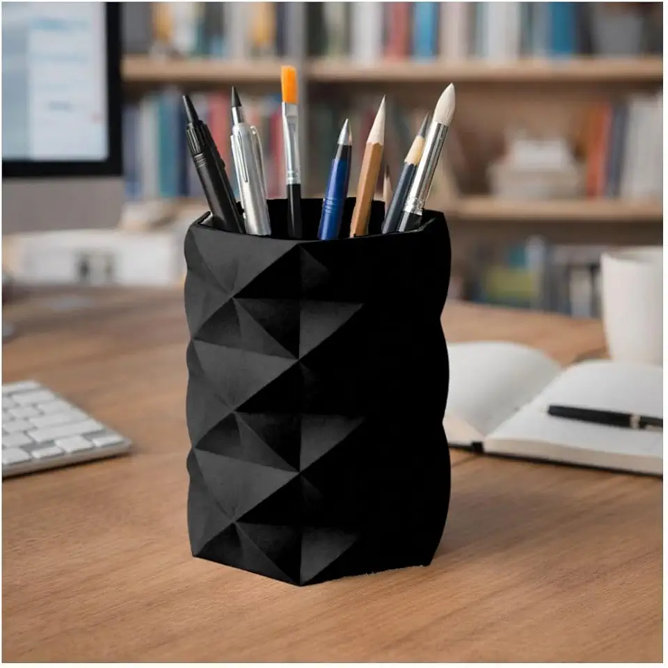 Porta Canetas, Lápis, Pincel Geométrico Low Poly, Design Moderno, Organizador de Mesa, Estilo Minimalista (Preto)