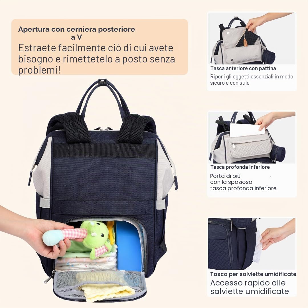 BabbleRoo Zaino-Borsa Fasciatoio, Grande Borsa Fasciatoio Da Viaggio Per Mamma E Papà, Zaino Per Pannolini Con Fasciatoio, Borsa Cambio Con Cinghie Per Passeggino E Porta Ciuccio,