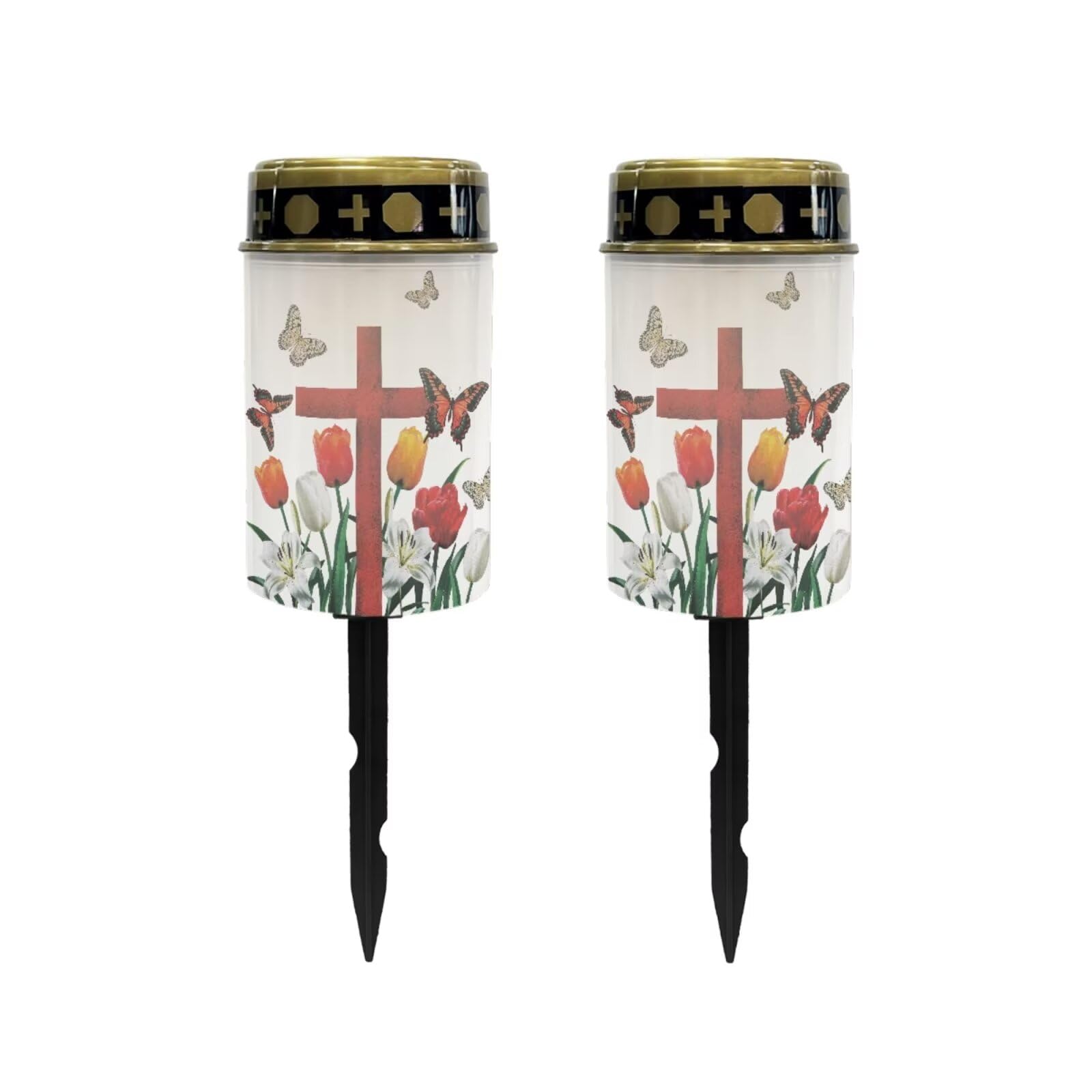 Poceacles Cross Solar Outdoor Lights Waterproof Cemetery Lights Solar Powered Grave Candle Lights Outdoor Waterproof Landscape Lights for Lawn Garden Yard, Butterfly Tulip Lily Red Cross, Pack of 2