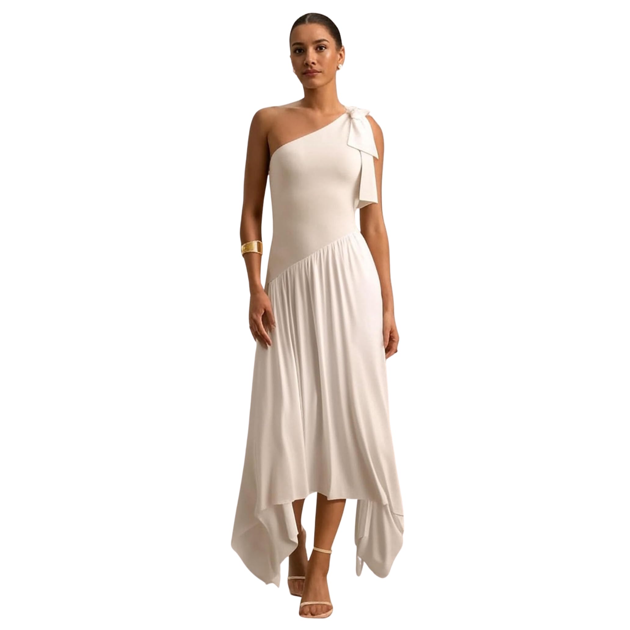 traquila Women's One Shoulder Midi Length Dress | Fit & Flowy Skirt | Soft Poleyester | Casual-picture-50