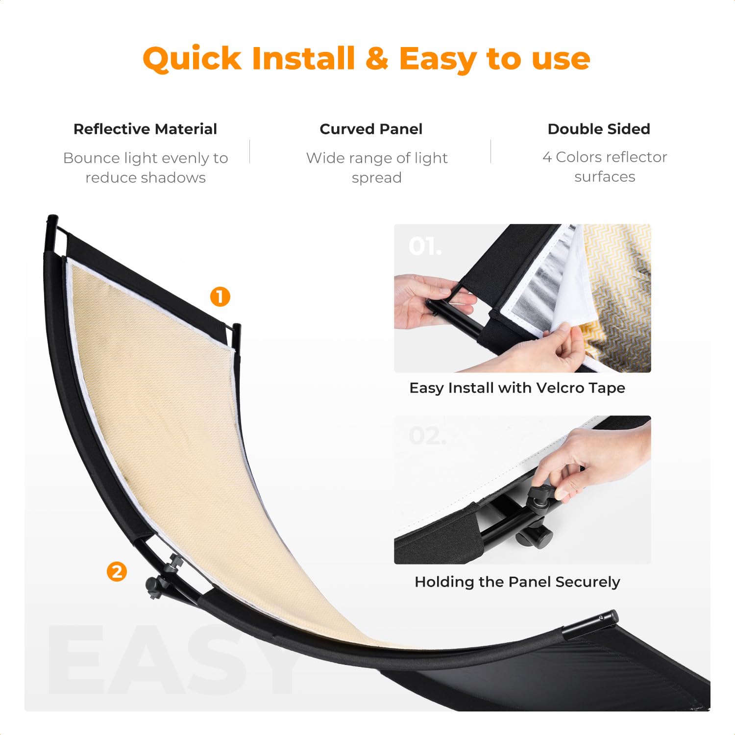 K&F CONCEPT U-Shape Reflector Curved Reflector 180x60cm with 4-in-1 Reflective Fabric, Black/Gold/White/Silver, with 1.9m Stand, with Storage Bag, for Photography Studios