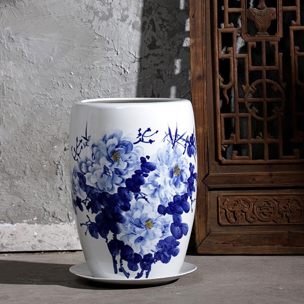 SWENEEN Jingdezhen Blue And White Porcelain Plant Pots With Drainage Holes And Drainage Tray For Indoor And Outdoor Plants,Chinese Style Ceramic Flower Pots,