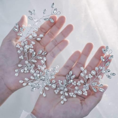 Asooll Pelo de novia para boda, vid de plata con diamantes de imitación, tocado de perlas para mujeres y niñas (A plateado)