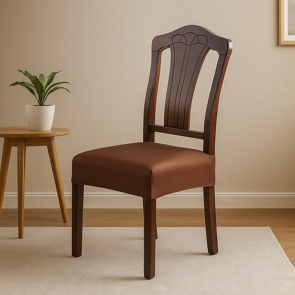 TRENDECOR Dining Chair Solid Seat Cover Set of 4 Seater pcs | Easily Washable Stretchable and Comfortable for Dining Room | Home Decor Slip Cover | Universal Size - Brown-image-1