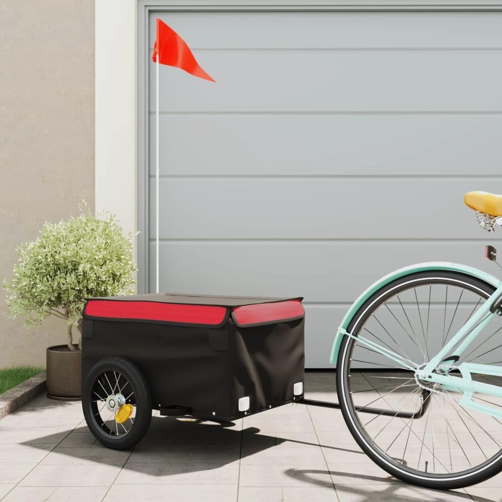 Bike Trailer Cargo in Steel Frame, Extra Bicycle Storage Carrier with Hitch,Bike Trailer Black and Red 30 kg Iron