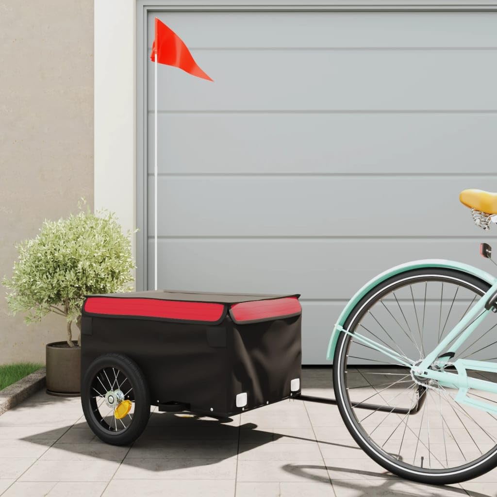 Remolque de bicicleta de hierro negro y azul con tela Oxford, x x, capacidad de carga, barra de remolque, acoplamiento, bandera de seguridad, para equipaje, compras, excursiones y acampadas