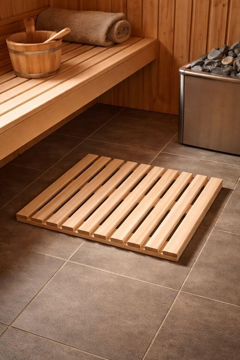 Rejilla de Madera for Sauna Fresno, 60 x 50 cm, Puente Sauna/Alfombra baño Ligera, Rejilla Suelo Resistente y Antideslizante for Ducha