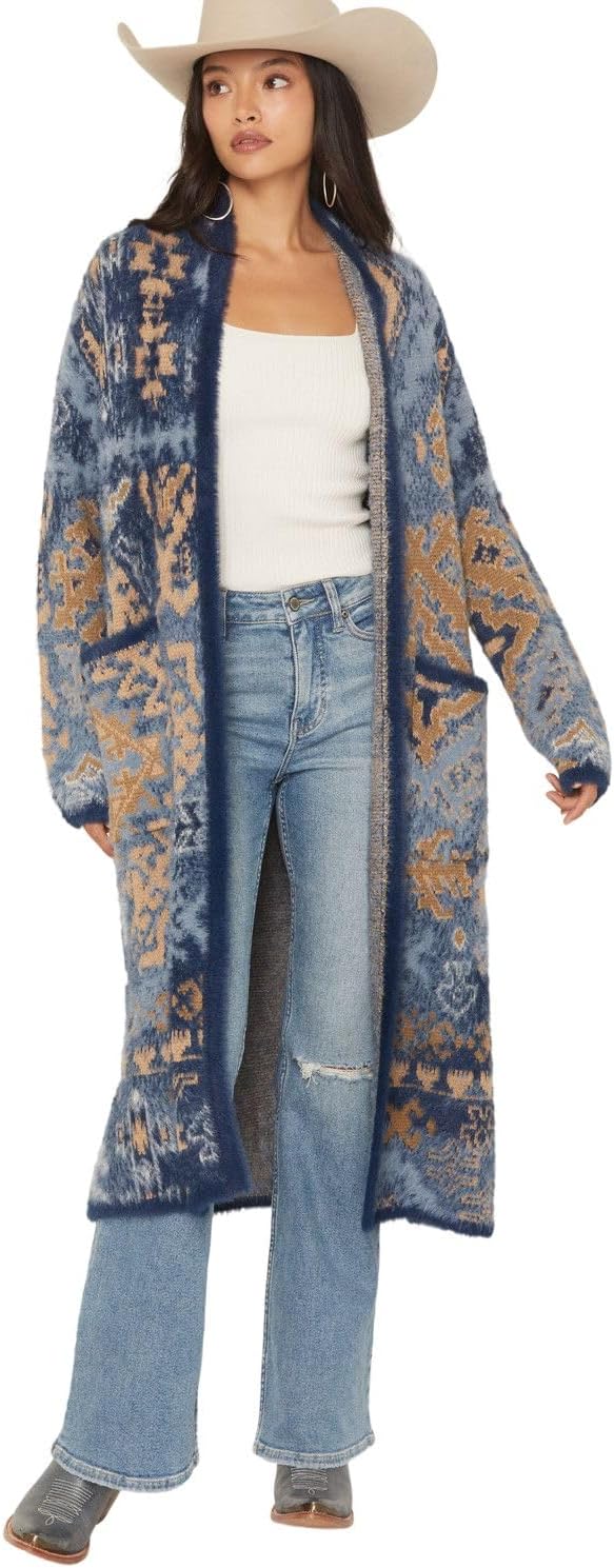 Shyanne Women's Southwestern Print Eyelash Yarn Duster - SWFA25SW1-NVY X- US