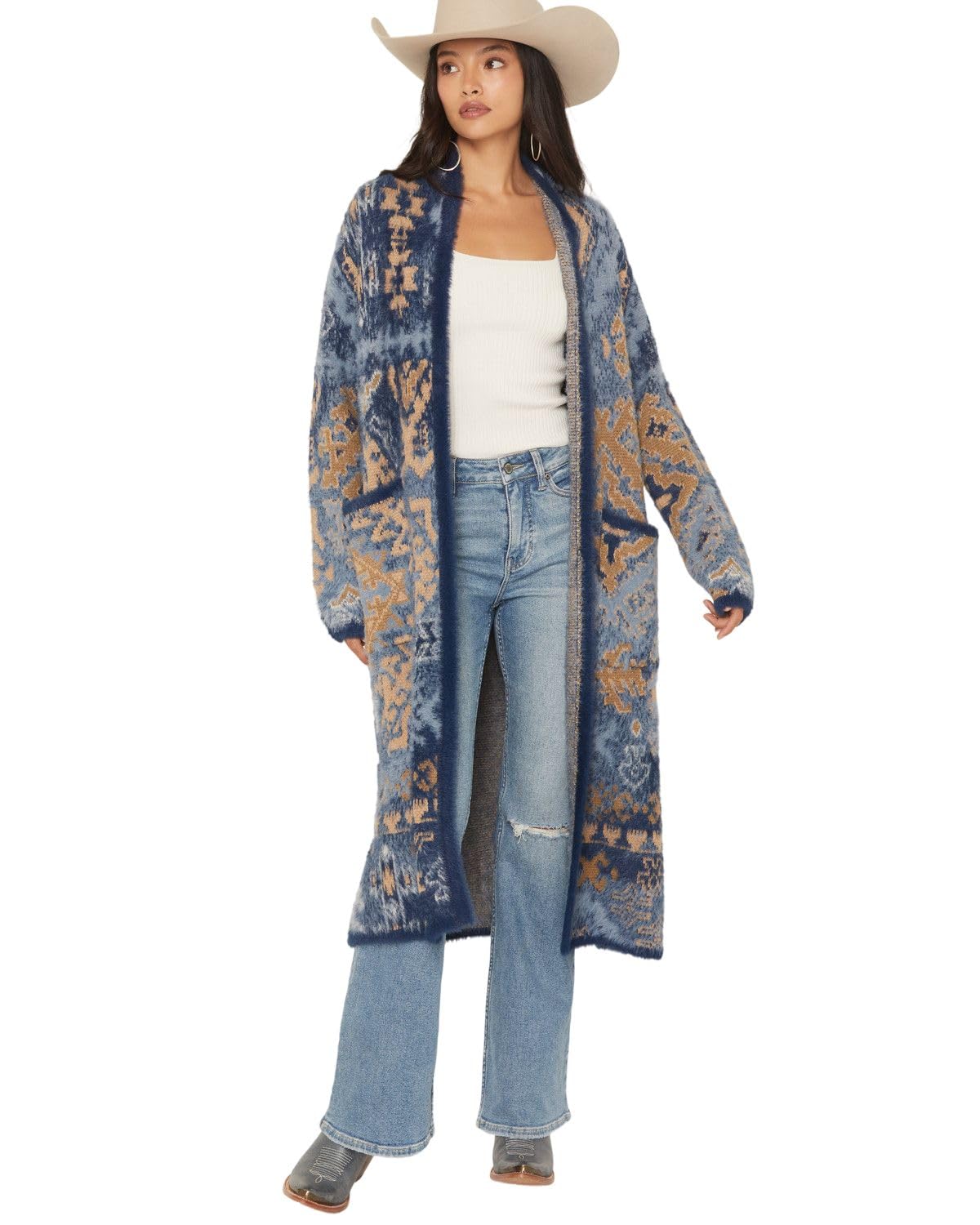 Shyanne Womens Southwestern Print Eyelash Yarn Duster Navy XX- US