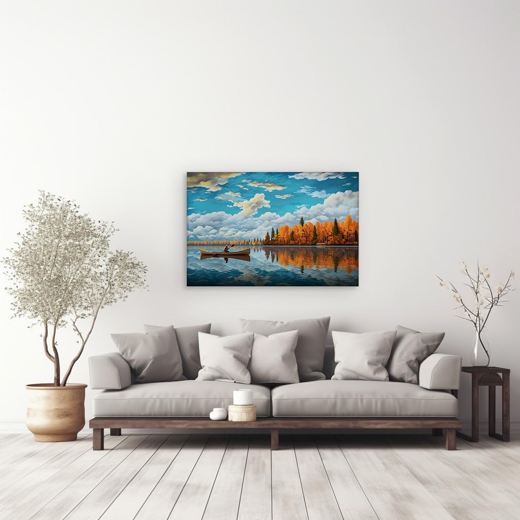 Canvas for Living room. Tranquil Waters: Rowing Through Autumn's Palette, 27 x 18 inch Canvas Wall Art - Contemporary Masterpieces - Modern Home Decor