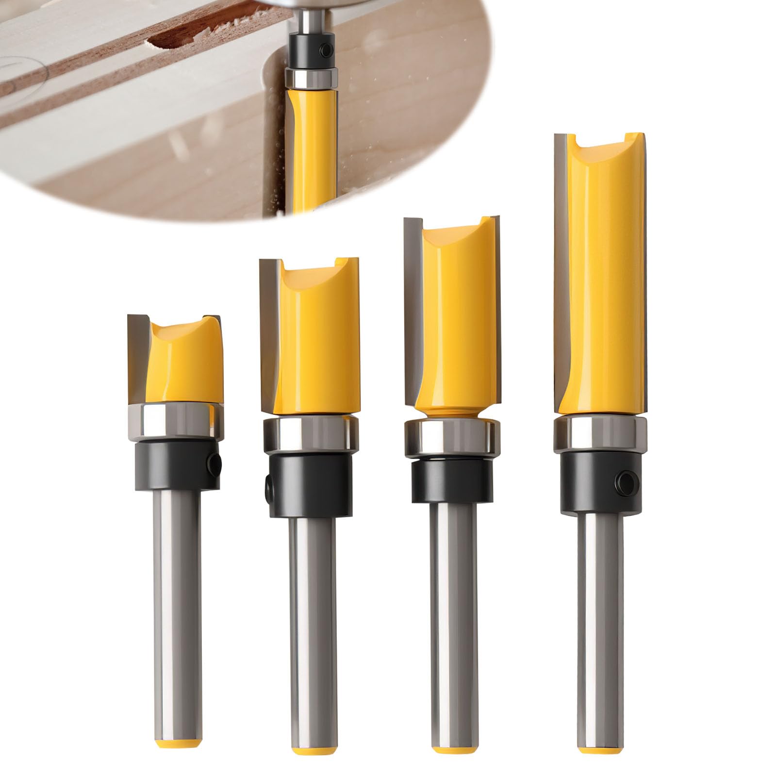 4-Piece Shank Flat Flush Trim Router Bits 1/4 Shank Set, Professional Woodworking Template Cutter with Bearing