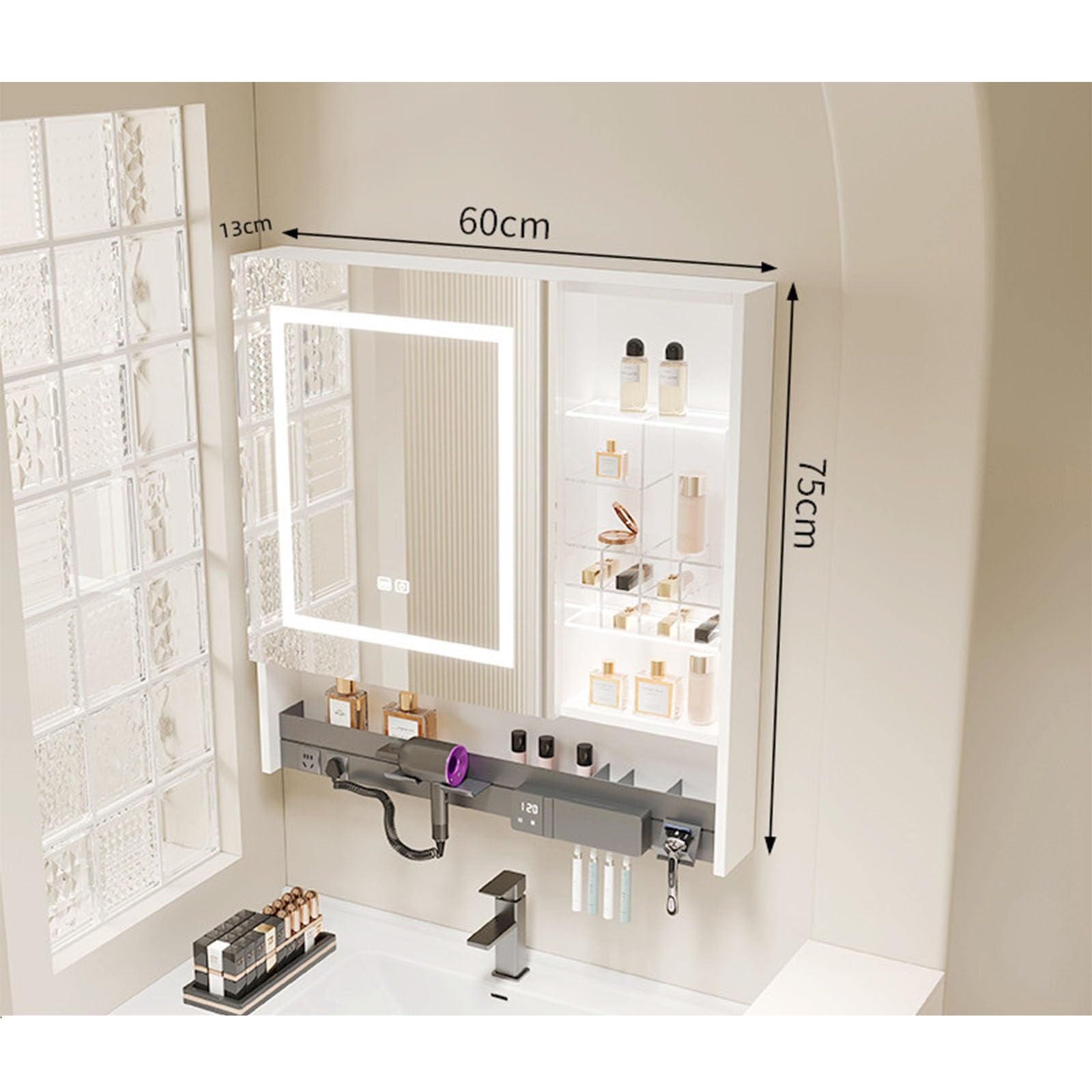 Armario Espejo Baño Con Luz De Aluminio Espacial,Espejo Baño Con Luz,Estante De Pared Para Baño Con Estante,Baño Moderno Con Espejo/Secador De Pelo/Cepillo De Dientes/Cepillo De Maquillaje En Estante(
