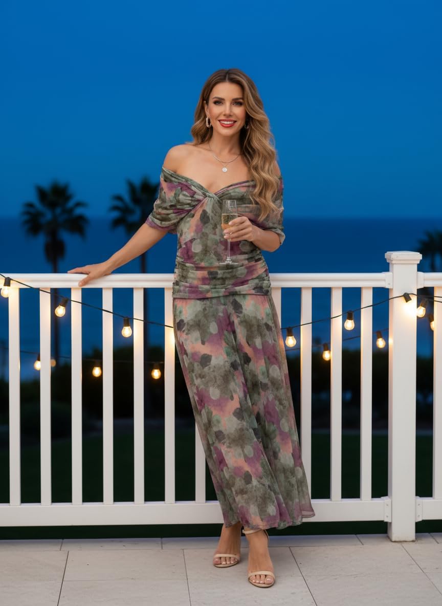 Women's Off Shoulder Floral Chiffon Wrap Maxi Dress Lined Ruched Waist Elegant Wedding Guest Evening Party Dresses