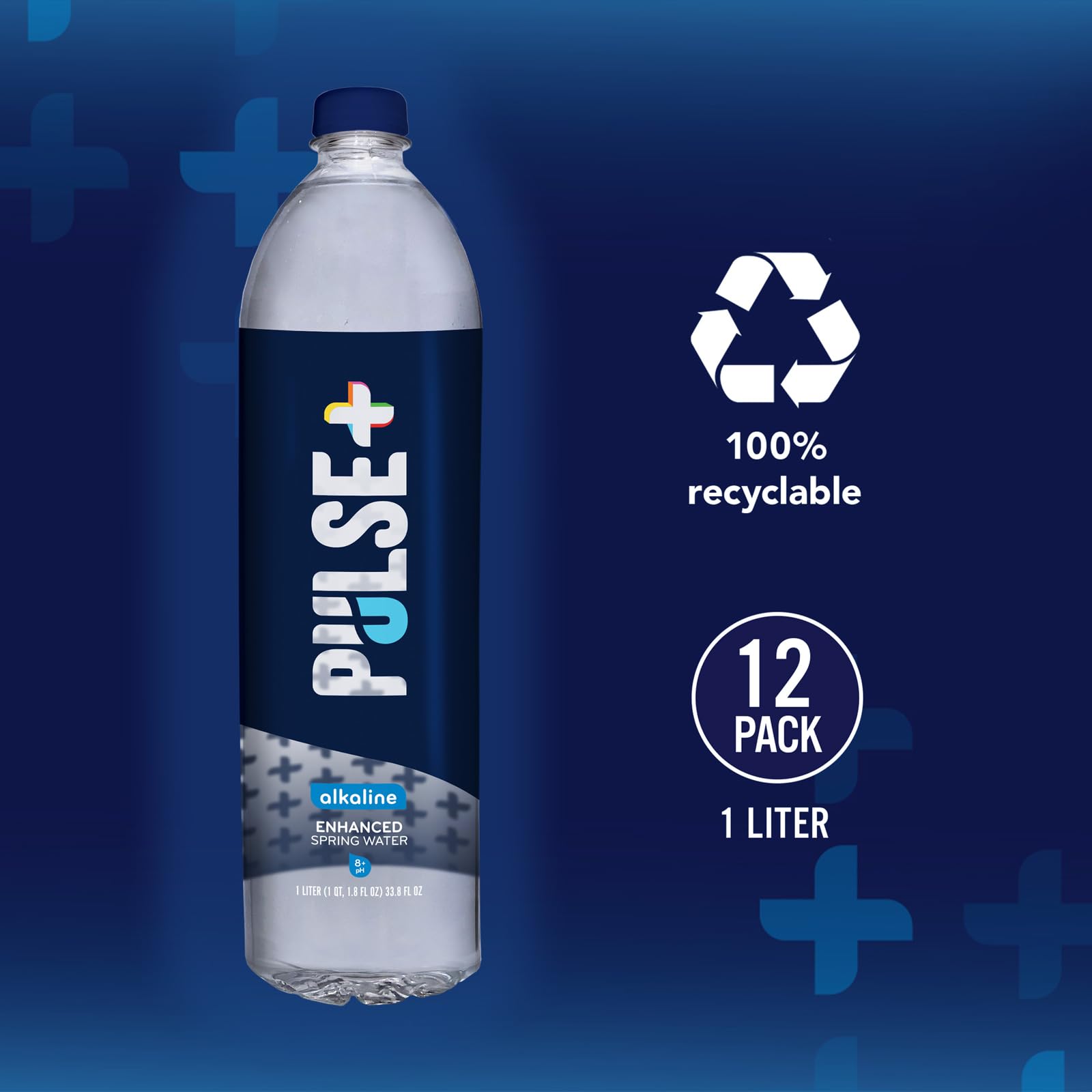 Pulse+ Alkaline Water - Naturally Filtered Spring Water in 1 Liter PET Plastic Bottles, Recyclable and BPA-Free - Case of 24