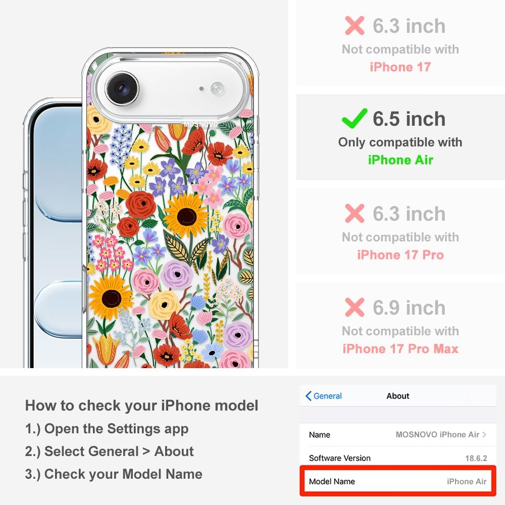 MOSNOVO for iPhone Air Case | Military Grade 6.6ft Drop Tested | Camera Control | Clear with Blossom & Bloom Design - Image 2