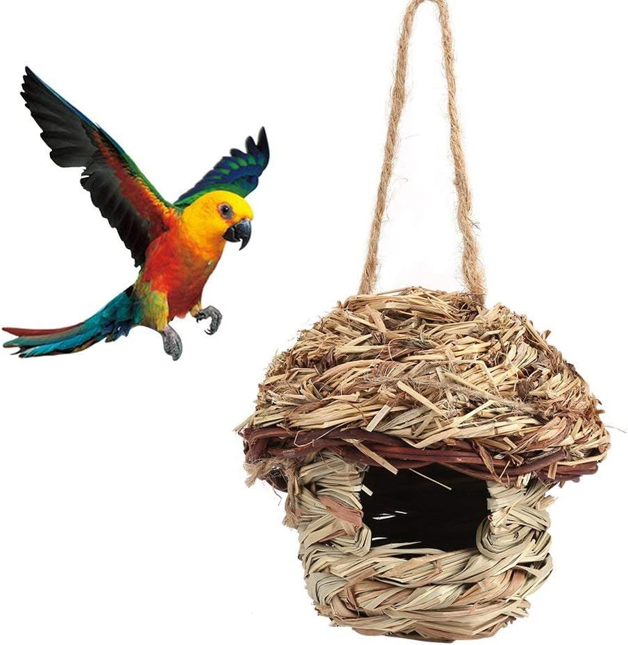 Fdit Handwoven Straw Bird Nest Cage House Hatching Breeding Cave in 3 Size for Parrot, Canary or Cockatiel or Other Birds(L)