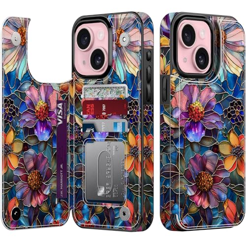 Coque iPhone 15 Plus blocage RFID contre piratage, étui portefeuille fleurs bemal