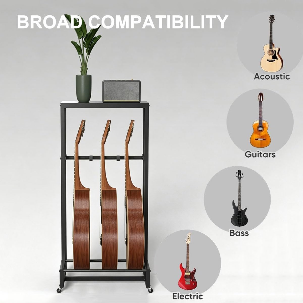 Supporto mobile in metallo per chitarre e accessori per amplificatori | Ospita 3 strumenti a corda, con ripiano superiore, ideale per studi musicali domestici