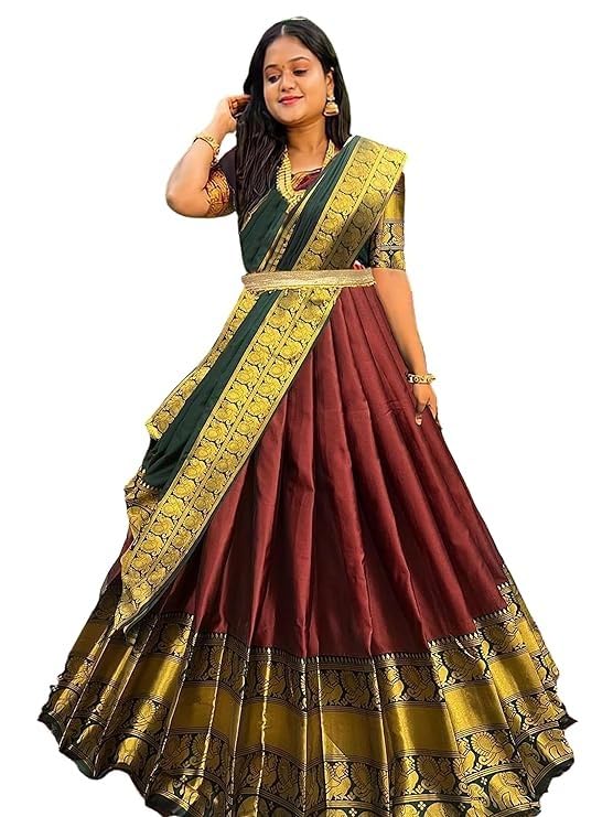 SWAMI STUDIOJAYA CREATION Women's Kanchipuram Kanjivaram Indian Traditional Style Silk Pure Zari Weaving Un-Stitched Traditional Lehenga Choli Set, Half Saree