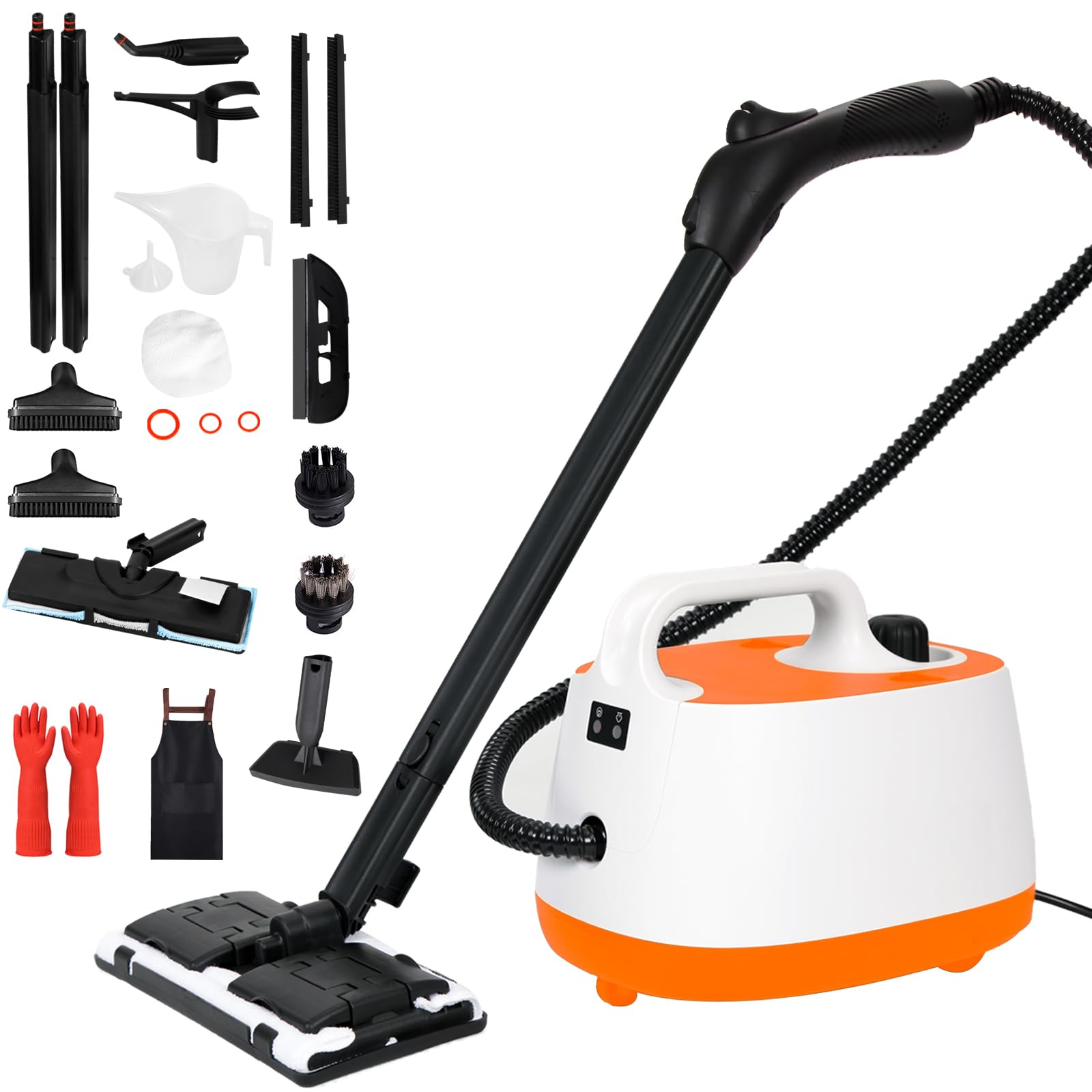 Steam Cleaner,Multipurpose Neat Canister Steamer with 21 Accessories, 5 Mins Heating with 1.5L Tank,Rolling Cleaning Machine for Carpet, Floors,Windows,Mirrors,Glass and Cars (White orange)