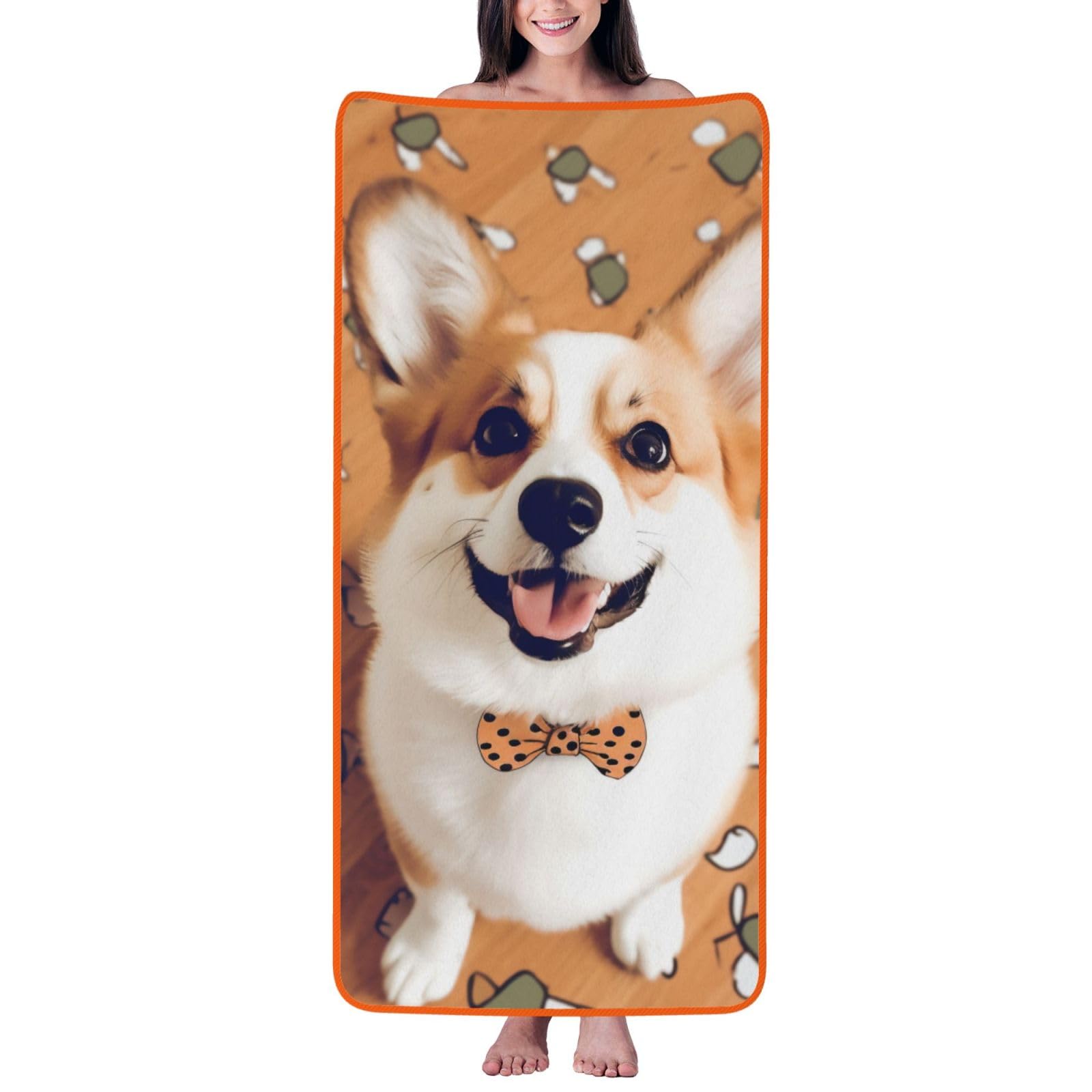 WPKJU Cute Corgi Printed Bath Towel with Orange Edging - 27x55 in Soft Extra Absorbent Coral Velvet Shower Towels for Bathroom