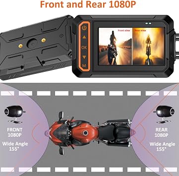 ydi Motorcycle Dash Cam Front and Rear 1080P, 3'' Display Waterproof Motorcycle Dual Camera Wide Angle 155° with Wi-Fi, GPS, Wired Control, G-sensor, Parking Monitoring