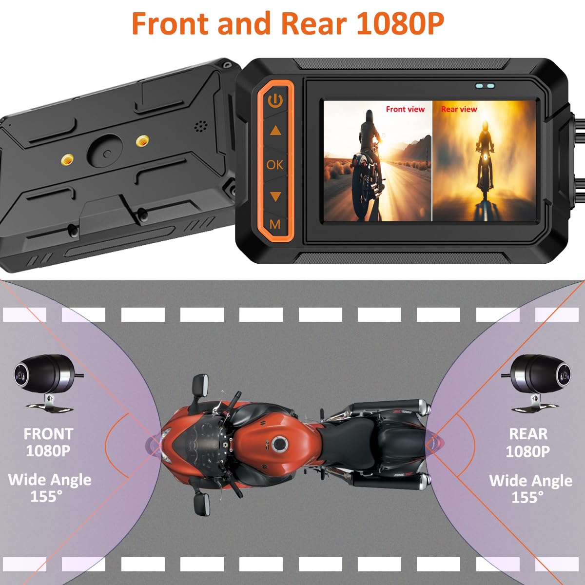 ydi Dash Cam Anteriore e Posteriore 1080P per Moto, Impermeabile Moto Doppia Grandangolare 155 Gradi Fotocamera con Schermo da 3 Pollici, Wi-Fi, GPS, Telecomando a Filo, Monitor di Parcheggio