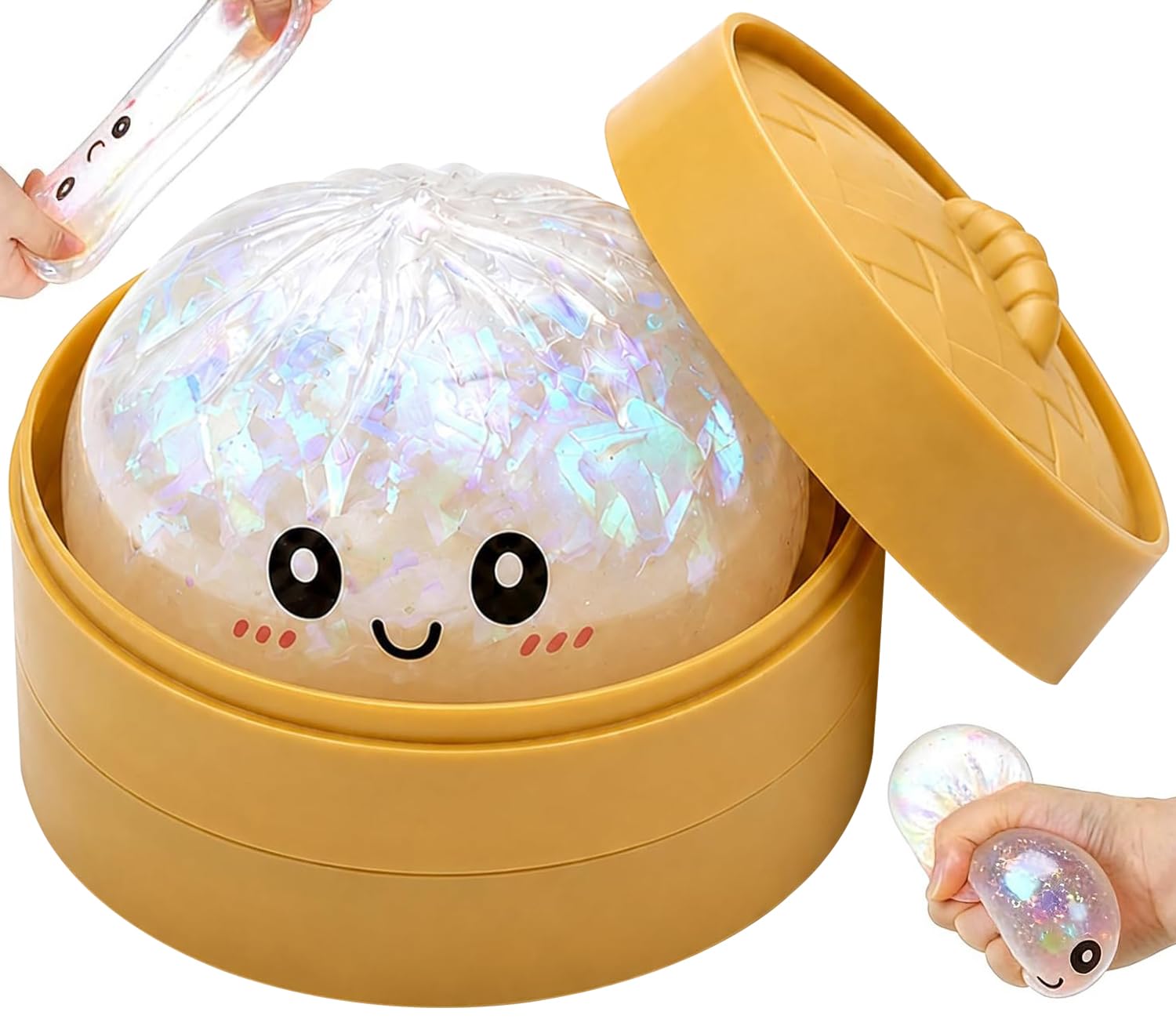 HATFRYF Dumpling Squishies Toy, Giant Glitter Dumpling, with Steamer Box Soft Squeeze Decompression Dough Toys, Soft Squishy Stress Relief & Rebounding Sensory Fidget Toy for Adults(White)