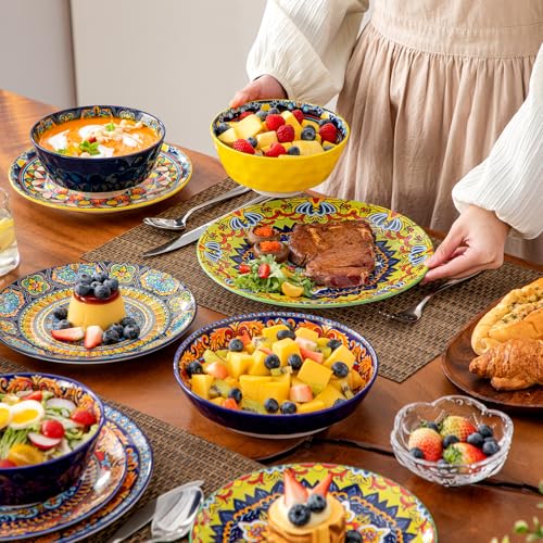 Image of vancasso 16 Pieces Plates and Bowls Set, Bohemian Style Dinnerware Sets Service for 4, Porcelain Boho Dishes Set for Kitchen, Housewaring Gift, Dishwasher and Microwave Safe, Series KRVI