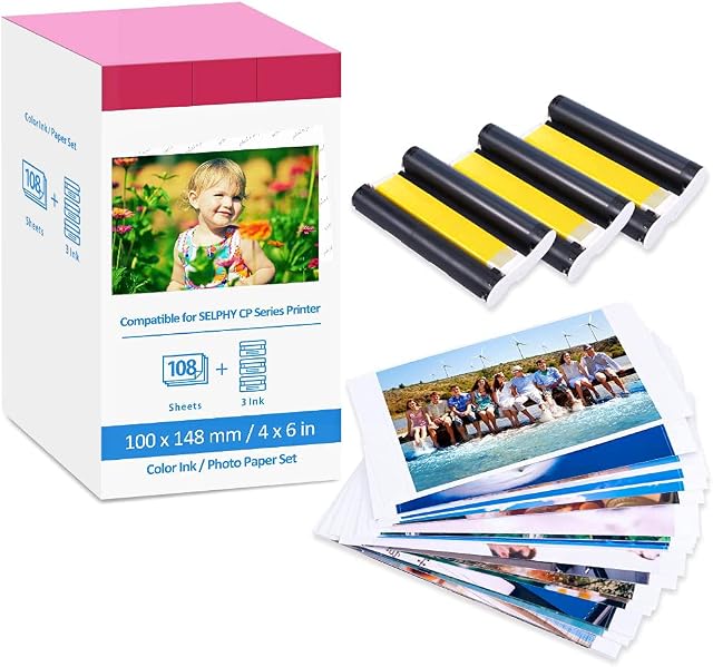 Greateam Compatible with KP108IN Canon Selphy Ink and Photo Paper Compatible with Canon Selphy CP1500 CP1300 CP1200, CP1000, CP910 Photo Printers, 108 Sheets and 3 Color Ink Cassette