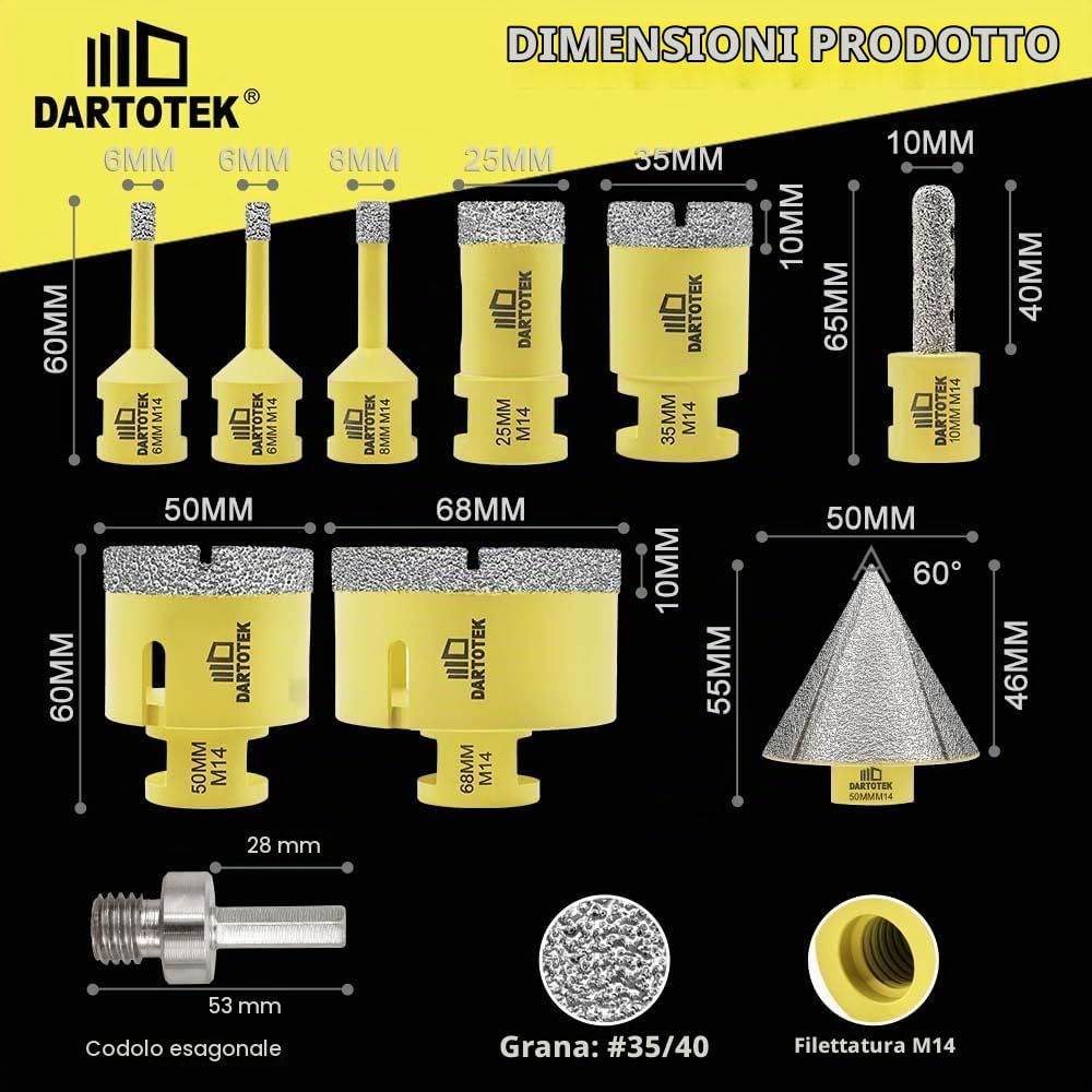 Punta per Trapano Diamantata Set 10-7 Sega a Tazza M14 (6/6/8/25/35/50/68mm), Fresa 10mm, Smussatrice 50mm, Adattatore M14/Esagonale per Ceramica, Marmo, Granito