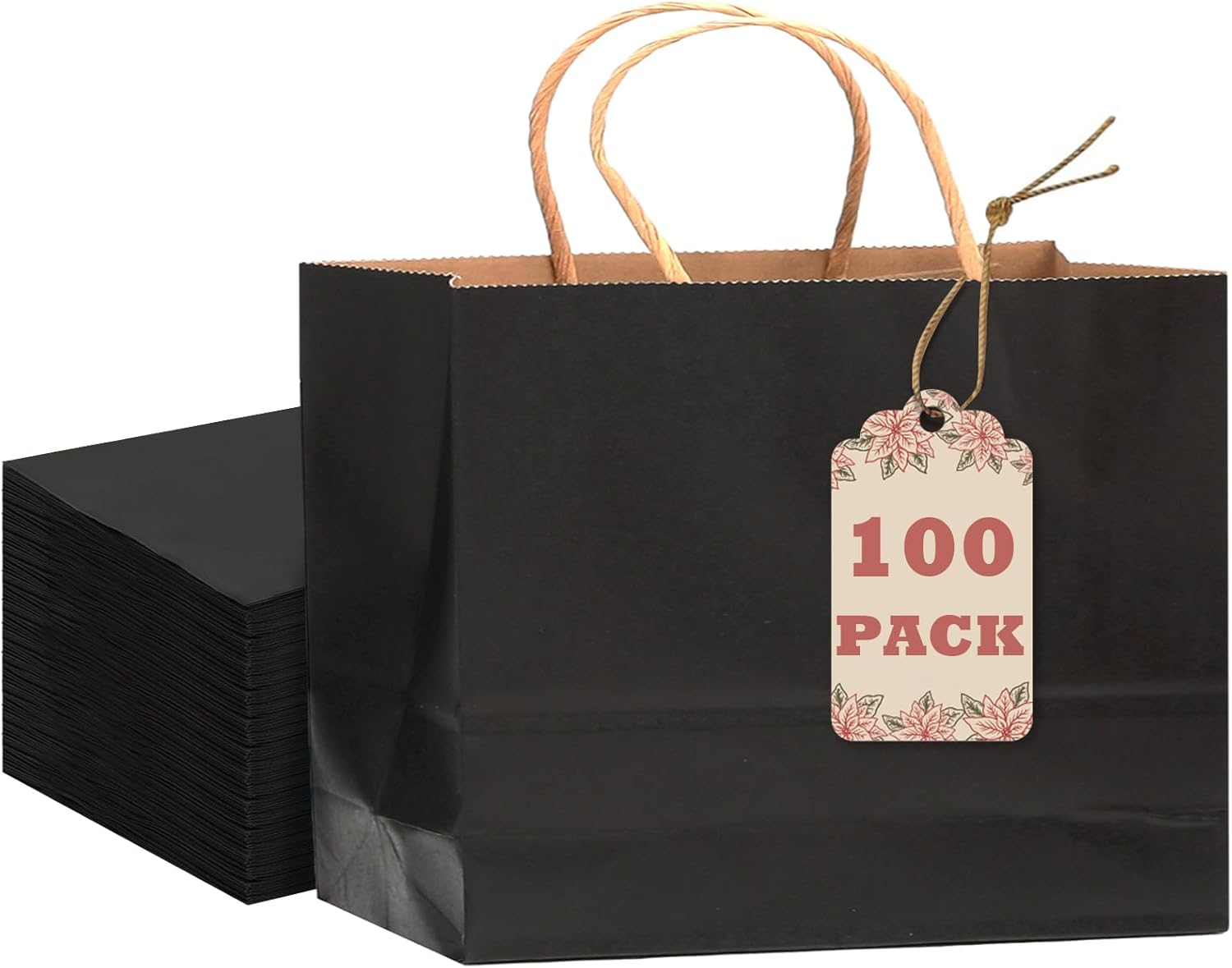 qiqee 13"x4.5"x10" Large Gift Bag with Handles Bulk 100PCS Gift Paper Bags Black Bags Multiple Uses (Wide Large) Wide Black
