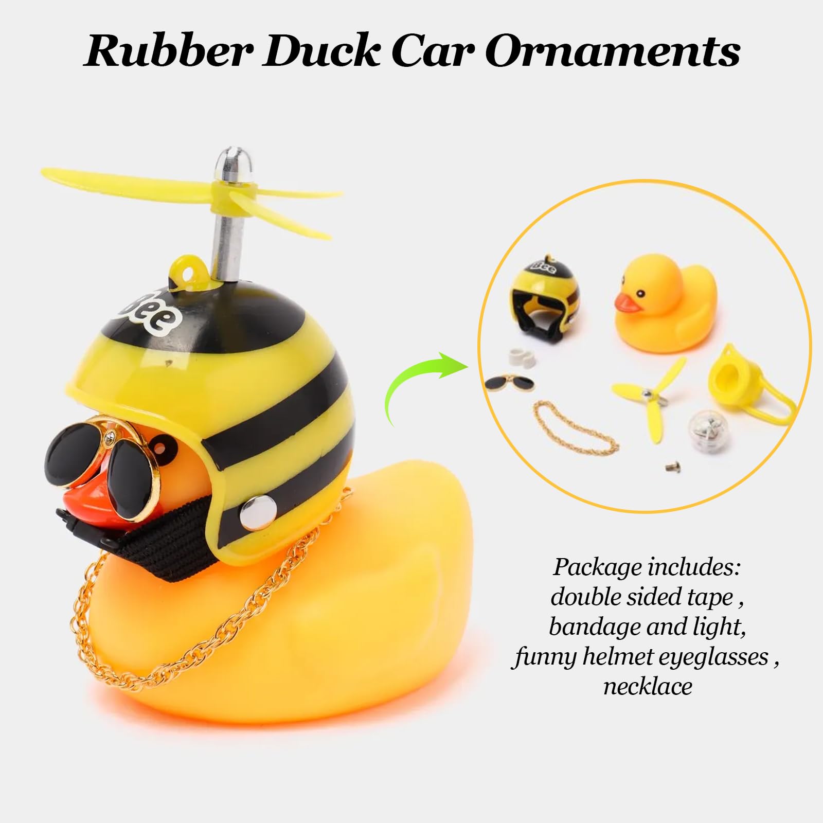 Paquete de 2 adornos de pato de goma para automóvil, decoración de tablero de coche de pato amarillo, cuernos de bicicleta con casco de hélice, vendaje y cadena dorada (abeja y tiburón)