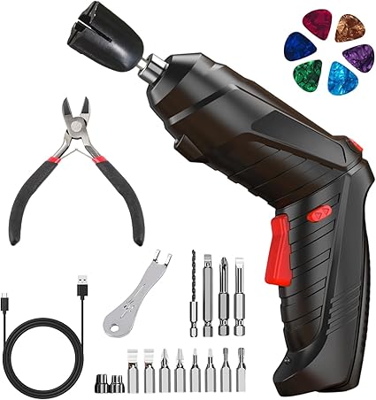 250RPM Guitar String Winder Tool with LED Light, String Cutter, Bridge Pin Puller, 14 Screwdriver Bits and 6 Picks for Electric, Acoustic, Bass, Ukulele and More