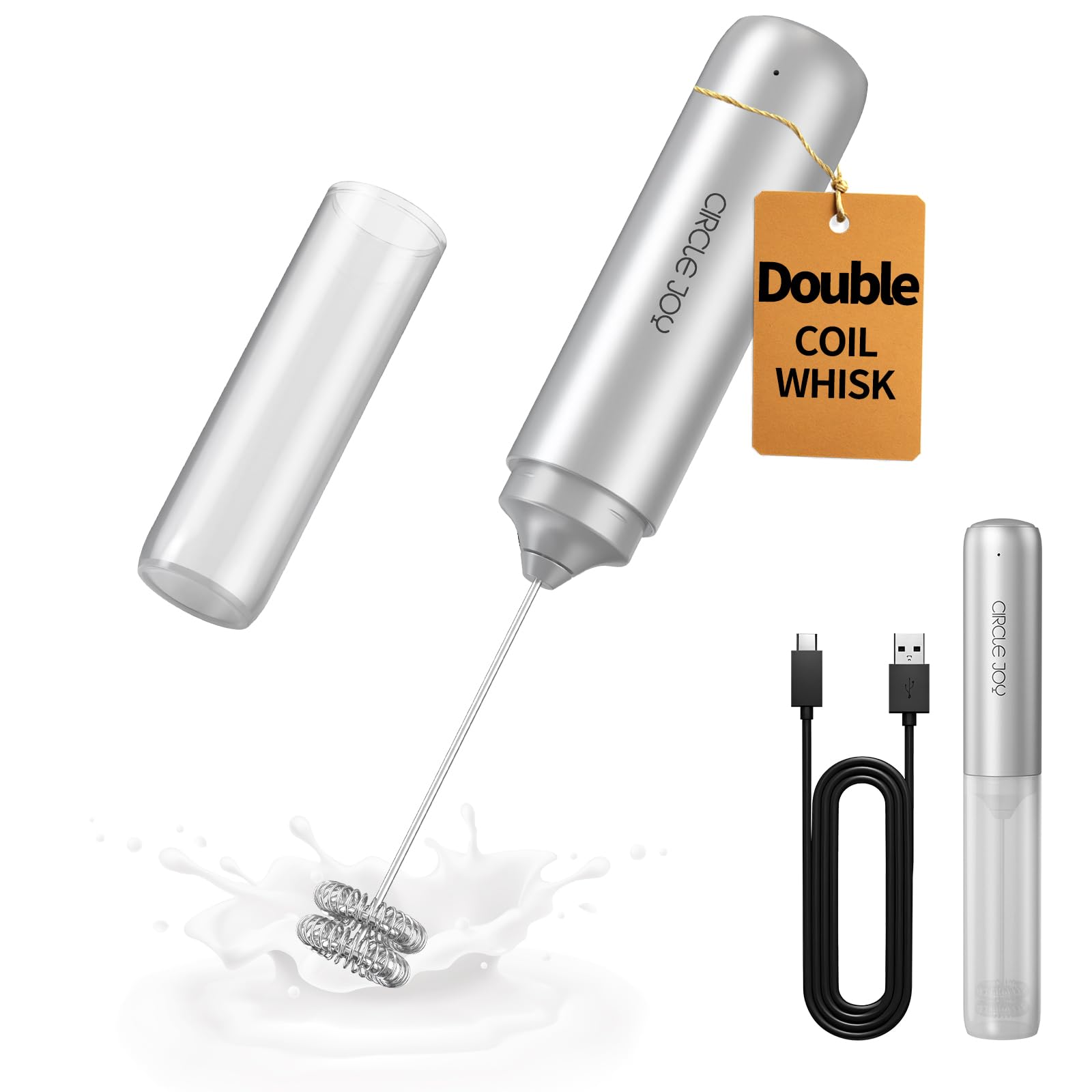 no charger CIRCLE JOY Rechargeable Milk Frother Hanheld, Dual Coil Whisk Head Electric  Coffee Frother, Portable Hand Frother Wand Drink Mixer for Matcha Lattes Cappuccino, Kitchen Gifts, Silver