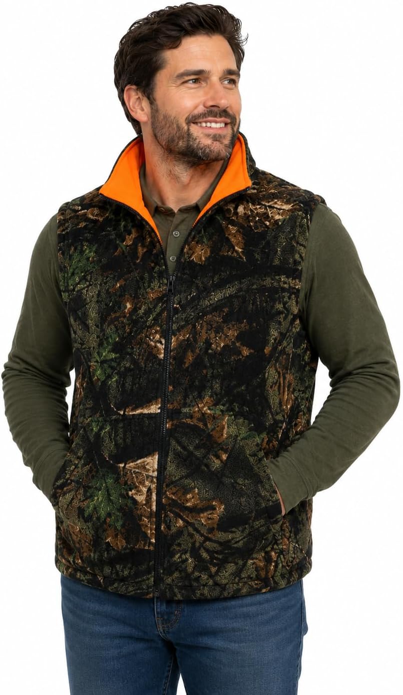 Men's Reversible Camo / Buffalo Red Plaid & Orange Fleece Hunting Vest