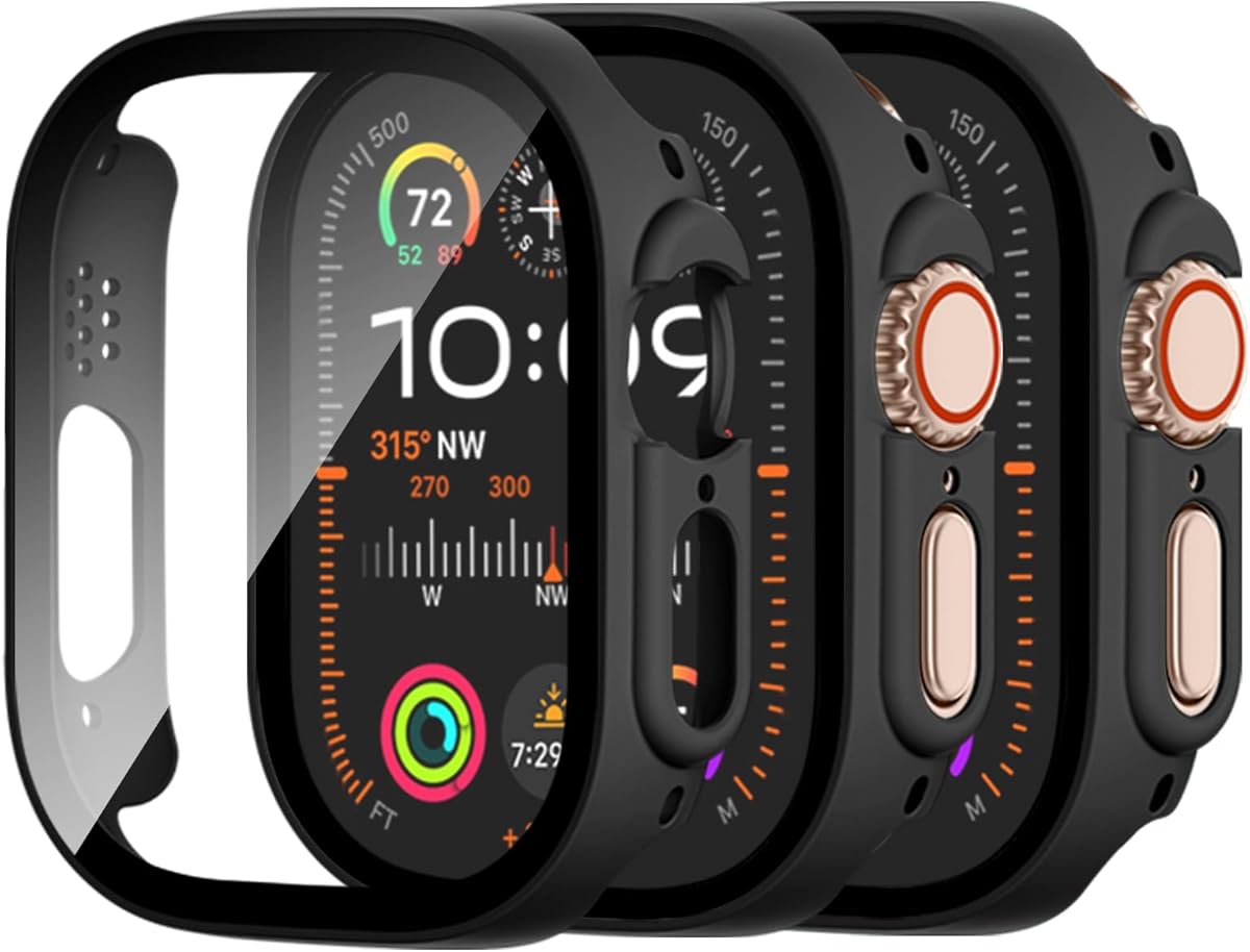 [3 Pack] Adorve Tempered Glass Case for Apple Watch Ultra 3/Ultra 2 Screen Protector 49mm, Hard PC Face Cover Overall Protection Anti-Scratch Bumper Cases for iWatch 49mm Accessories,Black/Black/Black