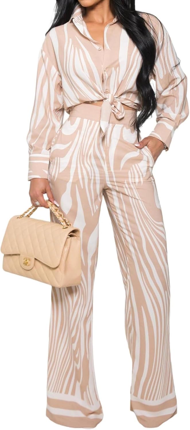 DvaeMalligo 2 Piece Sets for Women Long Sleeve Button Down Shirt Wide Leg Long Pants Sets Casual Two Piece Outfits