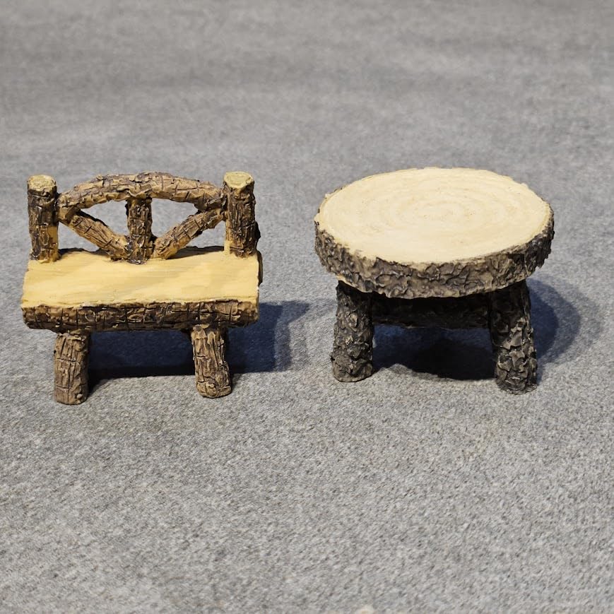 Image of Miniature Wooden Bench & Table Set of 2 | Rustic Dollhouse Furniture & Mini Garden Decor | Handmade Mini Set for Fairy Garden, Terrarium, Craft Displays & Gift Ideas