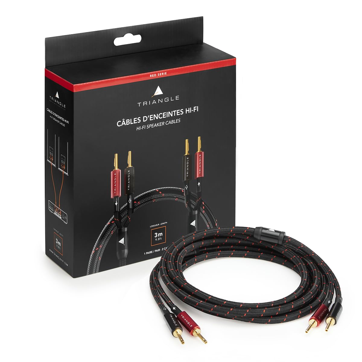 Triangle – Câbles Enceintes Prémontés avec Fiches Banane Red Serie 2x3m - Cuivre OFC 99,99% Pur – Qualité Audiophile – Compatible Amplificateur & Enceintes Passives (Paire)