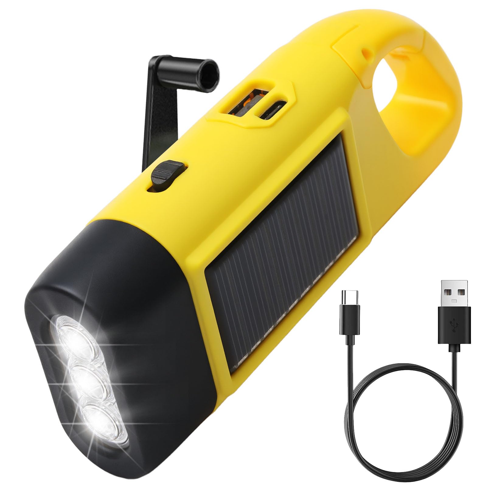 Synkris Wind Up Torch Led Rechargeable Flashlight Solar Torch Hand Crank Portable Camping Torches with Carabiner Hook Solar Panel 3 Bulbs for Hiking Emergency Outdoor Survival Gear