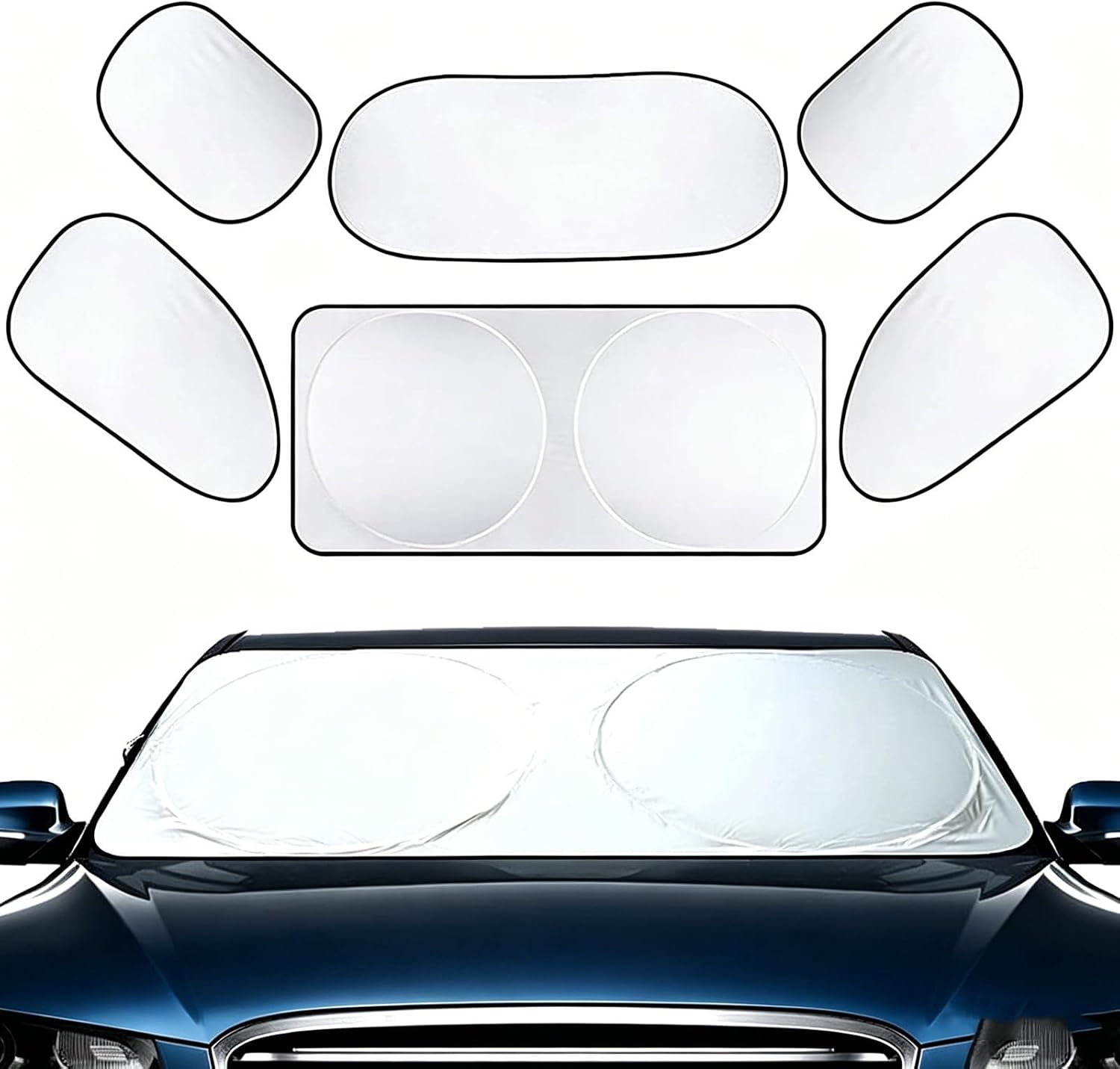 6 PCS Car Windshield Sunshade, Foldable Side Window Sun Shade with Storage Bag Front Rear Windshield and 4 Side Window Shades, Privacy Protection Cover Block UV Rays, Keep Cool for Most Cars
