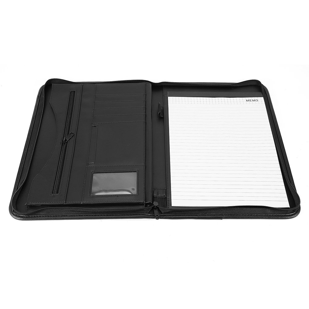 A4 conferencia carpeta, organizador Personal, Ejecutivo de piel sintética con cremallera cartera con tarjetero, ranuras para tarjetas//Pad/papel, negro
