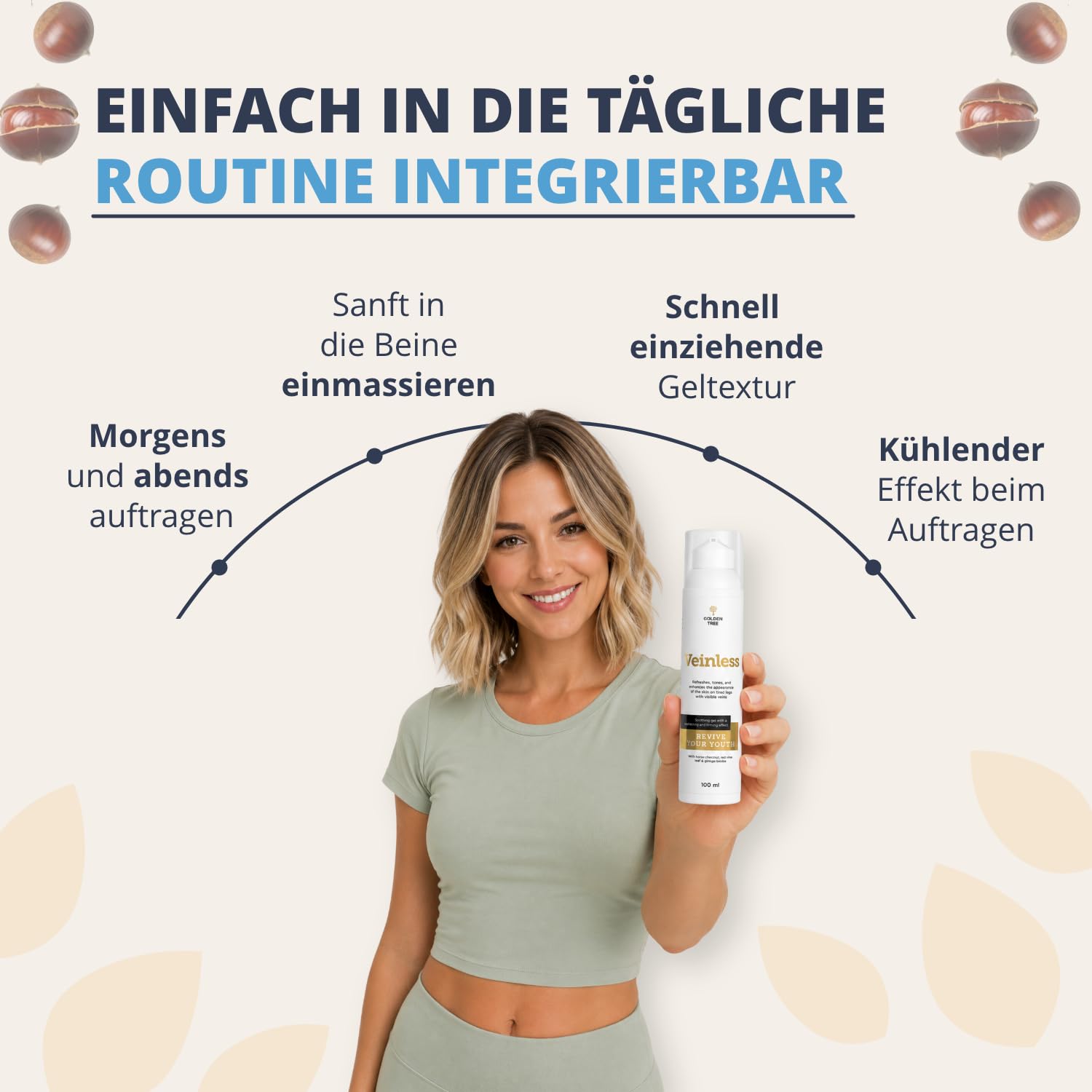 Golden Tree Veinless Kühlgel – Rosskastanien Salbe, 100 ml | Mit Ginkgo Biloba & Roter Weinrebe, Für müde Beine & Venenpflege, Ohne Parabene & Sulfate