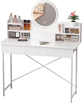 Makeup Vanity Desk with Mirror and Lights, Small White Vanity with 4 Drawers and Opening Shelves, 3 Modes Brightness Adjustable, Modern Dressing Table for Bedroom White
