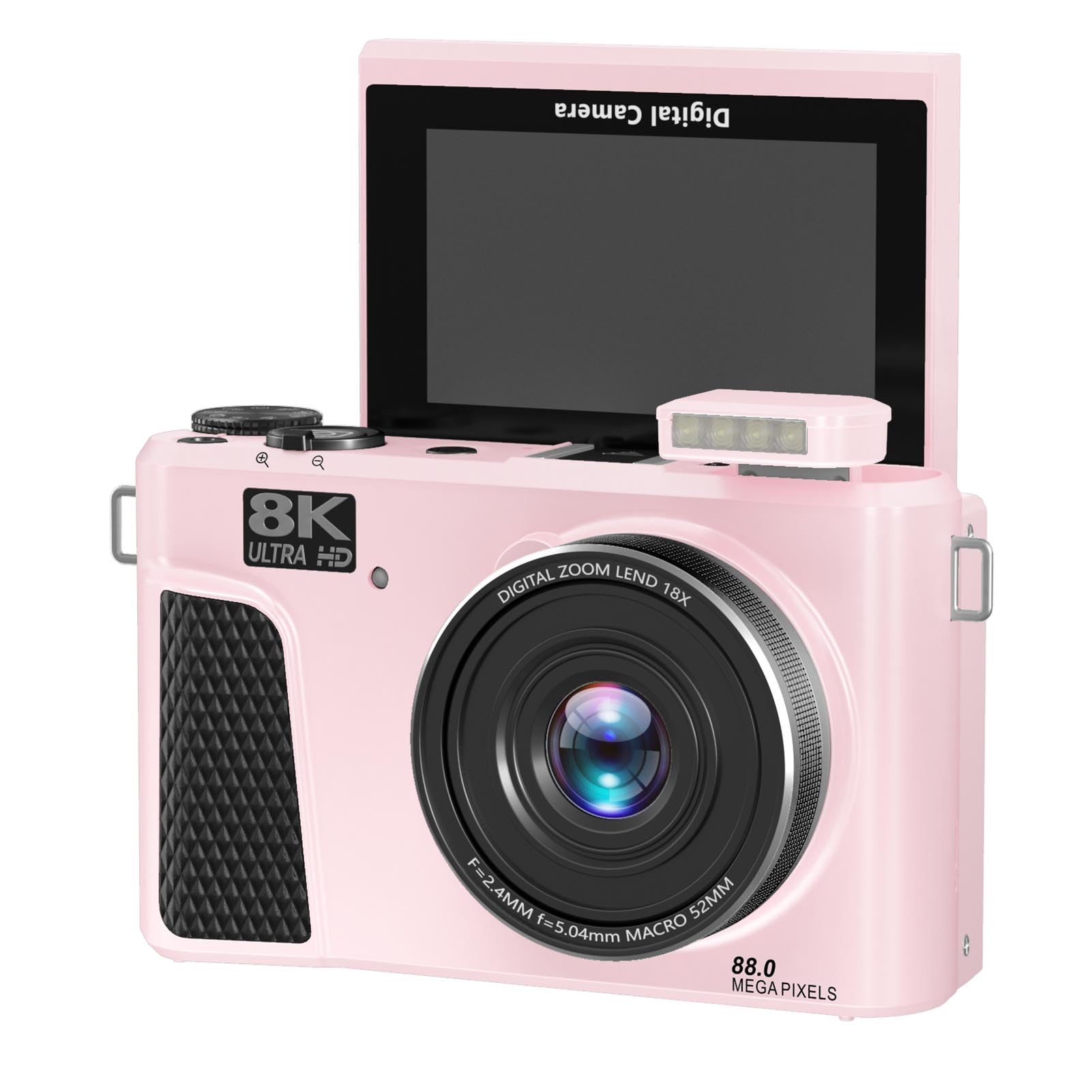 Dpofirs Camera Digitale 8k per Fotografia, Fotocamera Vlogging WiFi da 88 MP, Zoom Digitale 18x, con Schermo a Flip da 180 Gradi da 3 Pollici, con Tappo per Lenti, Videocamere, per (PINK)