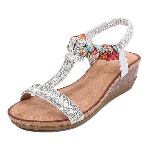 ZPLMIDE Sandalias bohemias de cuña con diamantes de imitación con correa en T para mujer, zapatos casuales de moda para mujer Cover