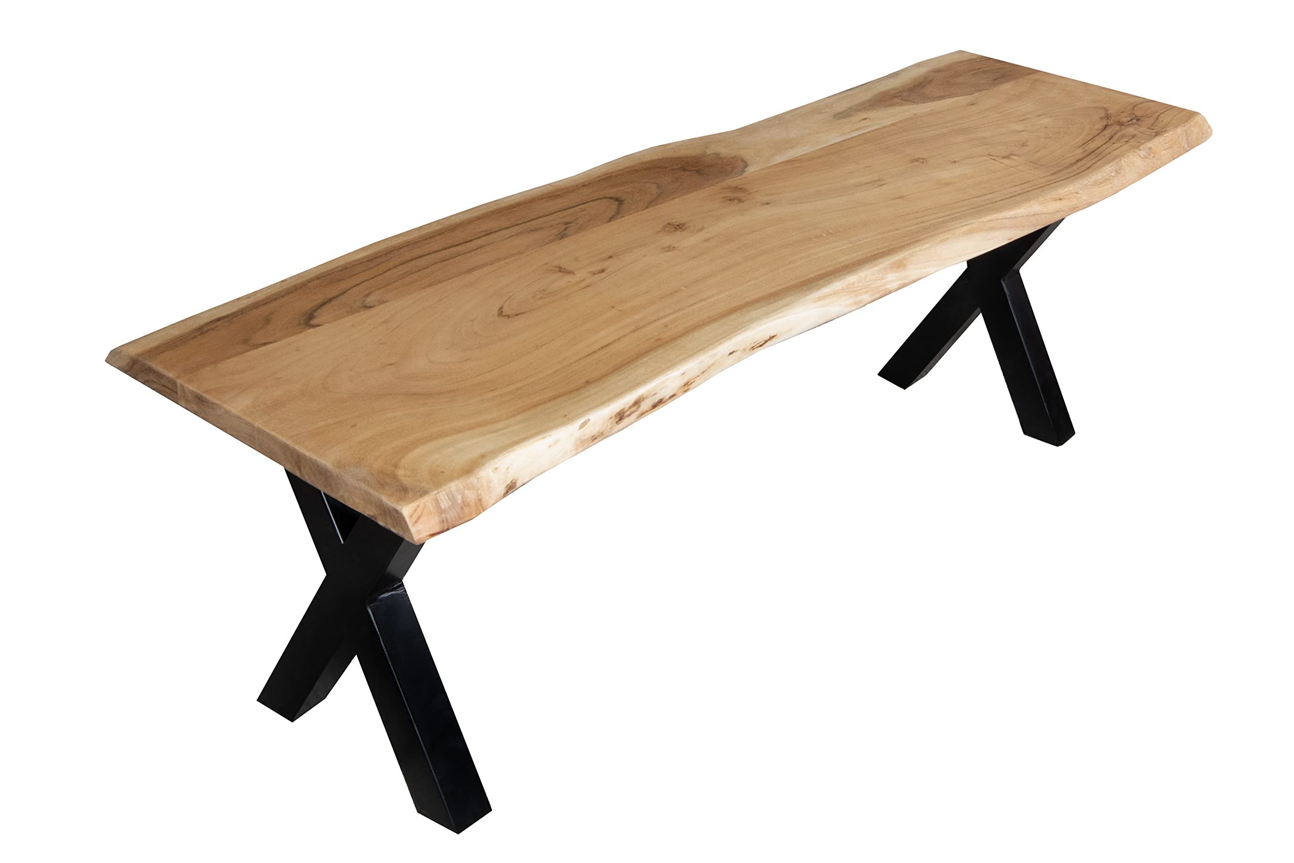 SAM Esszimmerbank 180x42 cm Quintus, Akazienholz massiv & naturfarben, echte Baumkante, Baumkantenbank mit X-Gestell Schwarz, Sitzbank mit 26 mm Platte