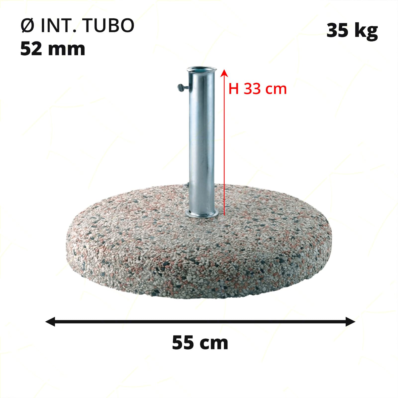 Sicignano | Base Rotonda 55 cm per Ombrellone da Giardino in Cemento Graniglia Fantasia 35 Kg, con Tubo Ferro Zincato Diametro Interno 52 mm per Palo - Arredo Giardino Piscina