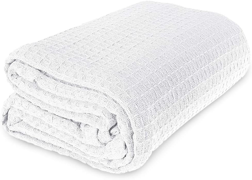 100% Cotton Blanket Queen Size 90x90 - Lightweight Breathable Waffle Weave Thermal Throw for Bed, Sofa & Couch - Soft Cozy, Durable Summer Bedding, All Season Comfort for Home, Travel & Camping, White